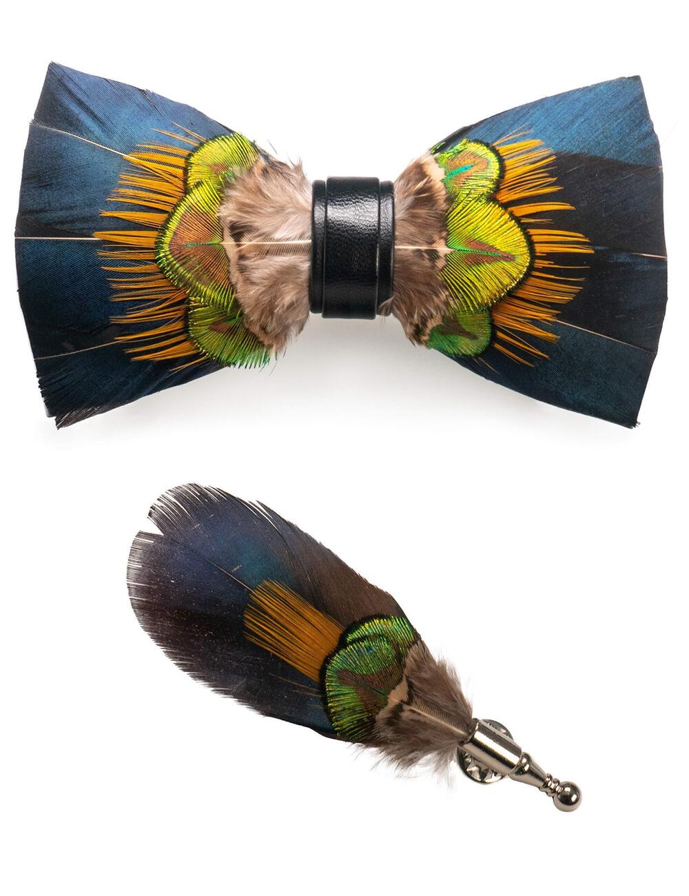 9115 Leather Feather Handmade Pre-tied Bow tie and Brooch Sets 3